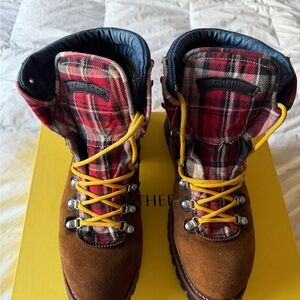 DSQUARED2 Brown Suede Boots with Red Plaid & Yellow Laces